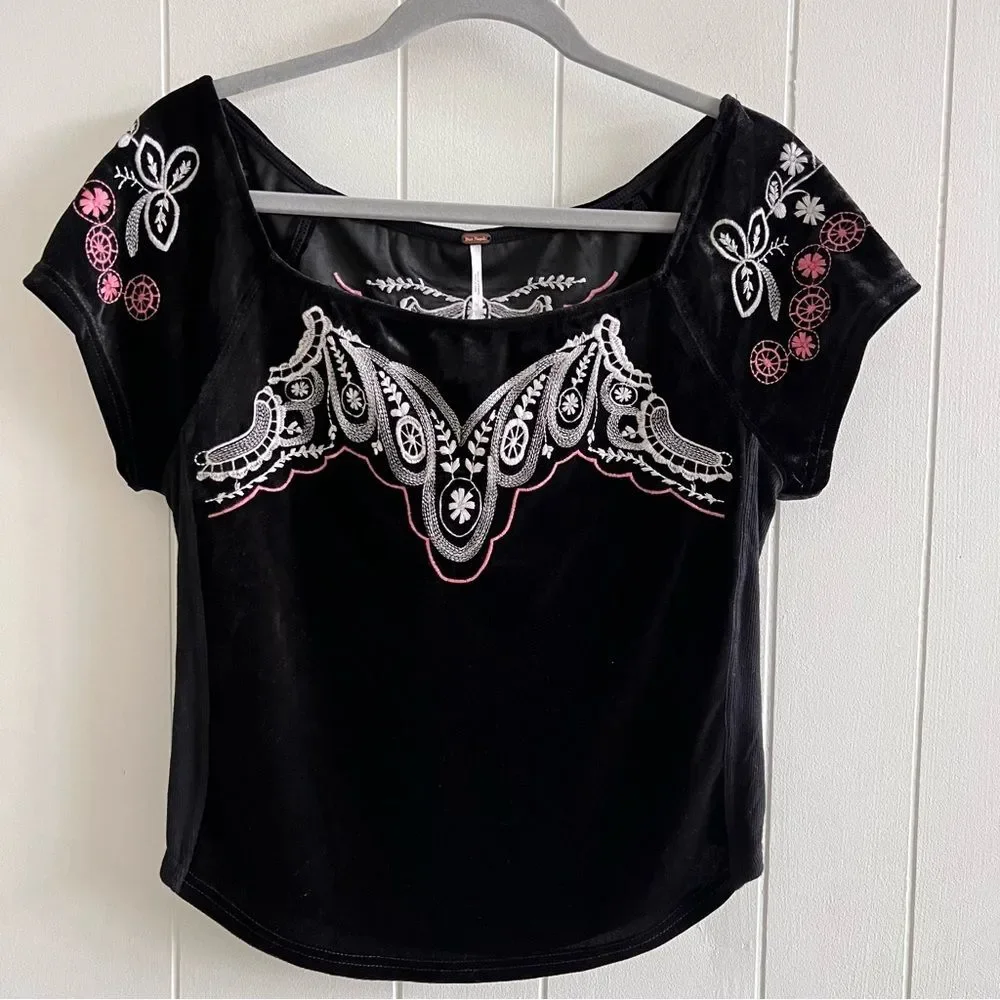 Free People Party Train Top Black Velvet Embroidered Floral Stretch